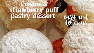 They will be gone in no time! Delicious cream & strawberry puff pastry desserts