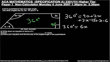 Question 3,  GCSE Math AQA Higher Paper 1 June 2007 Key stage Quadrilateral angles triangle
