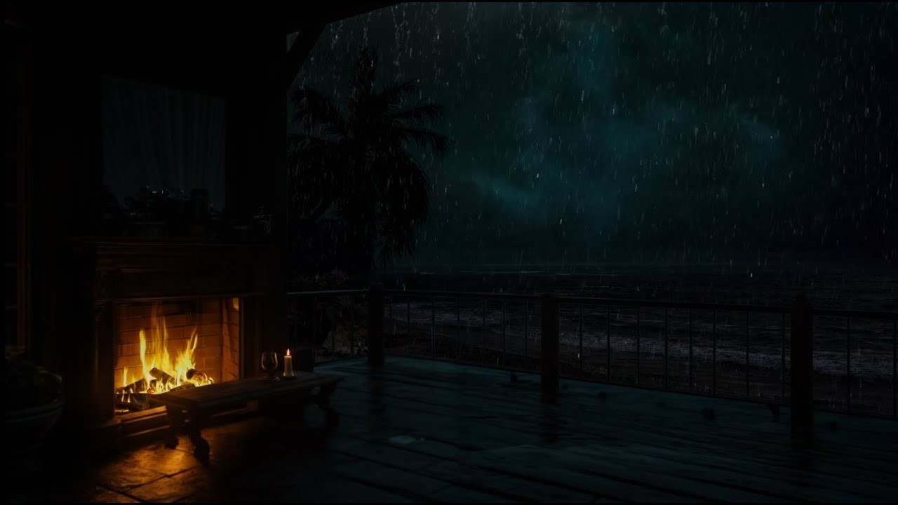 RELAX & SLEEP FAST 💤🌧️ Night Rain, Far Thunder & Fireplace 🔥 Serene Beach Cabin Ambience (No Ads)