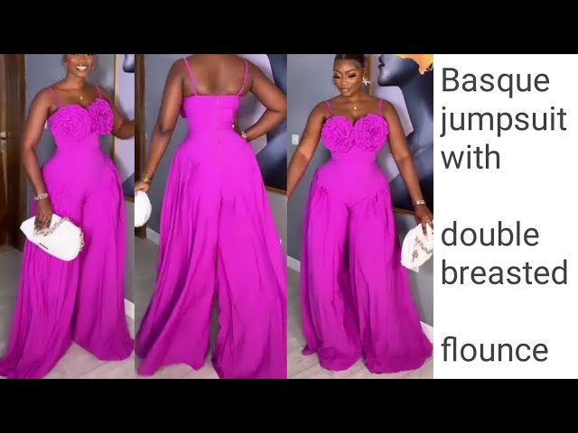 ASYMMETRIC GATHERED FLARE JUMPSUIT WITH BREAST FLOWER FLOUNCE 