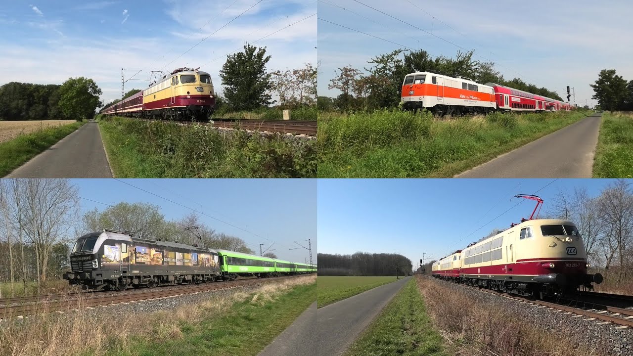 Bahnverkehr bei Nordbögge mit Br103, E10.12, n-Wagen, Pbz, RADVE, Br111 ...