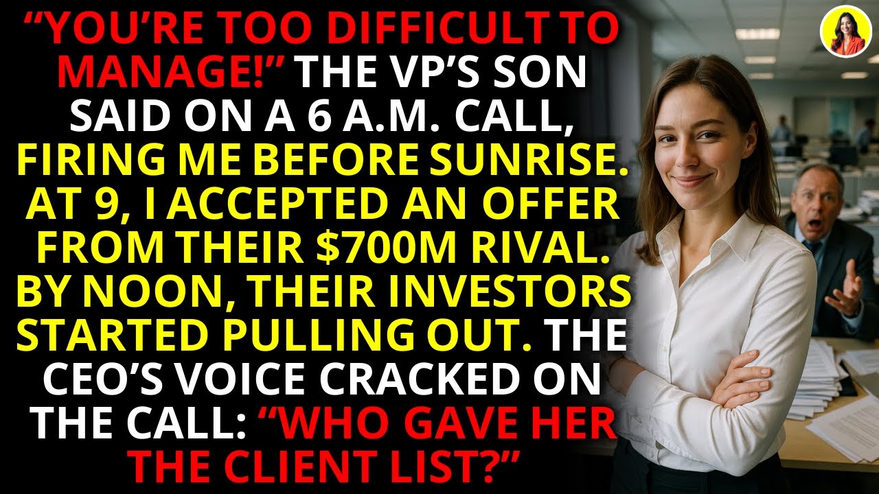 At 6:02 a.m., my phone rang. The new VP—my boss's 26-year-old son—fired me before I'd even had coffee. "You're too difficult to manage," he said, chewing something. "We need agility. You're legacy...