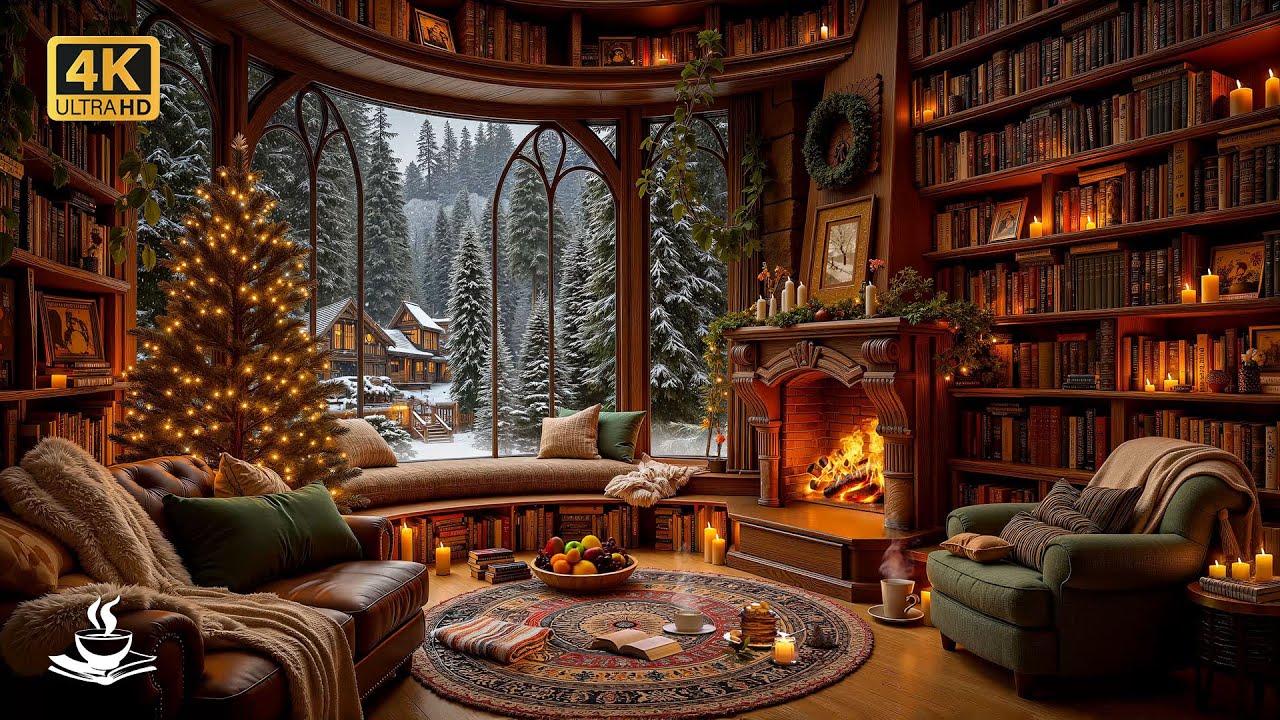 Majestic Winter Library Jazz Sanctuary for Readers ❄️ Fireplace Glow and Enchanted Snowy Window View