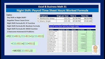 Excel & Business Math 31: Night Shift Hours Worked Formula for Payroll Time Sheet (3 Examples)