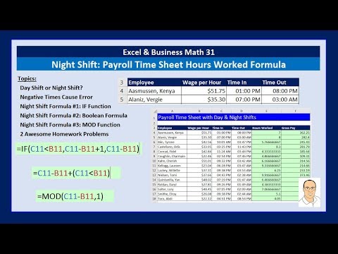 Excel & Business Math 31: Night Shift Hours Worked Formula for Payroll Time Sheet (3 Examples)