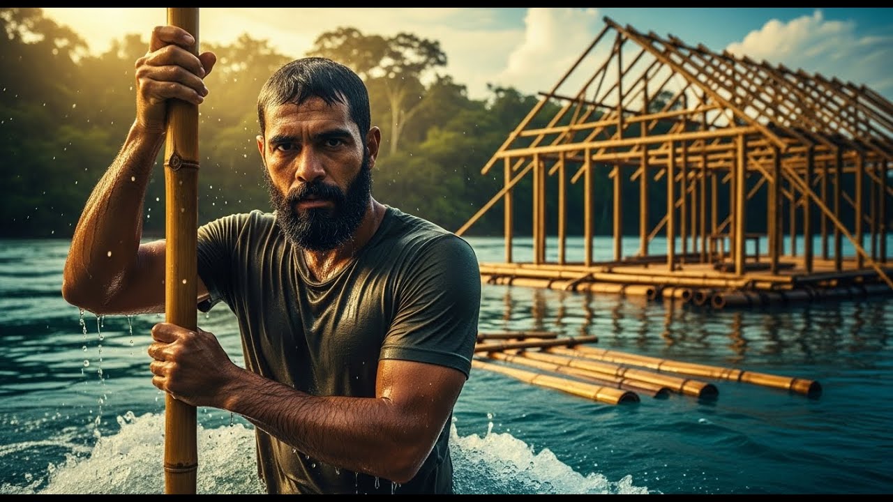 Building bamboo raft house (ASMR) - This man constructed a floating shelter on fast river solo