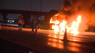 Semi-trailer destroyed after being engulfed in flames along Oklahoma City highway