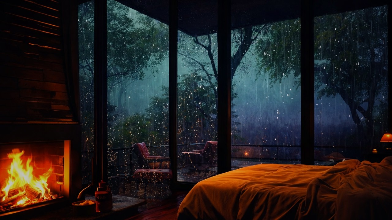 Rainy Night in Cozy Cabin with Fireplace 🌧️🔥 8 Hours of Rain Sounds for ...