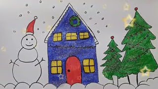 هيا لنتعلم رسم رجل الثلج مع ببت وشجرة عيد الميلاد(تعليم الرسم للأطفال)