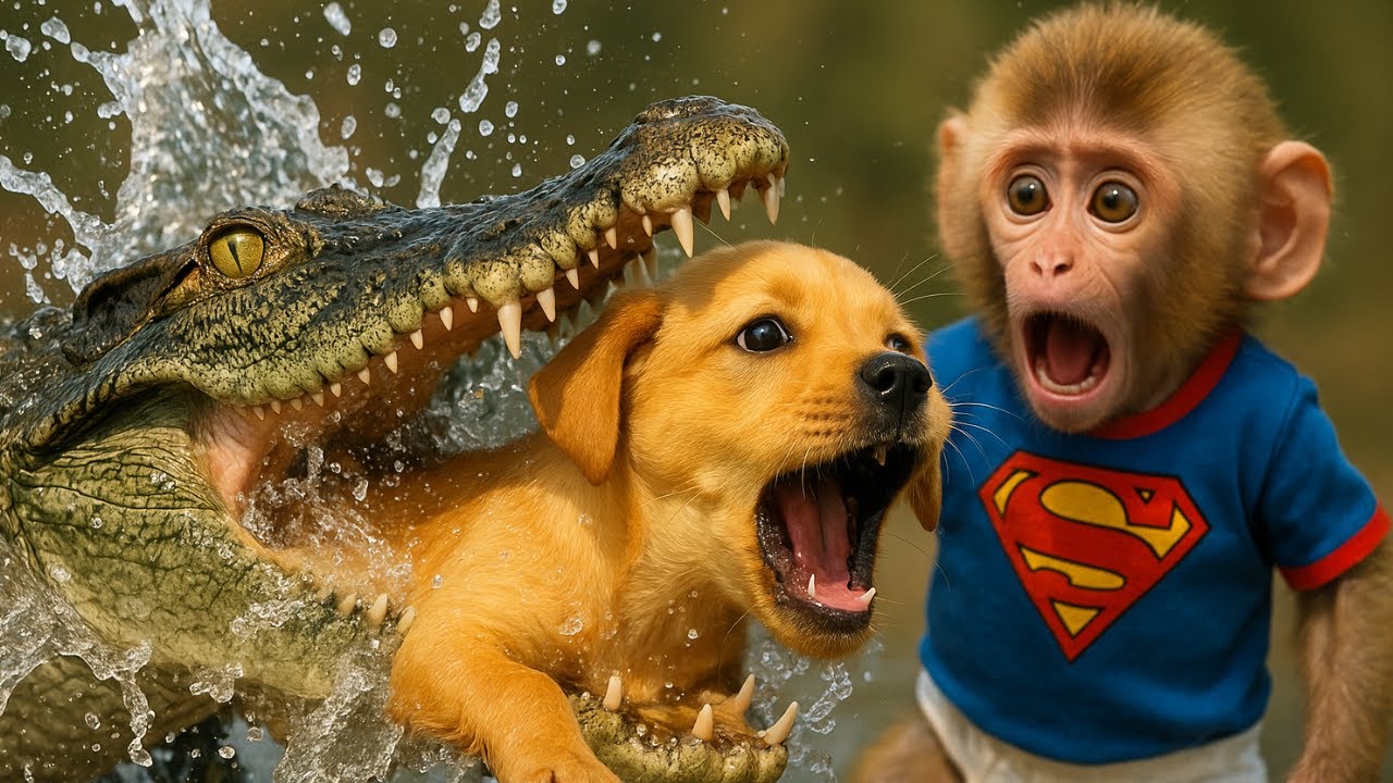 Baby Monkey Bon Bon Takes HUGE Risk to Save Puppy from River Crocodile!
