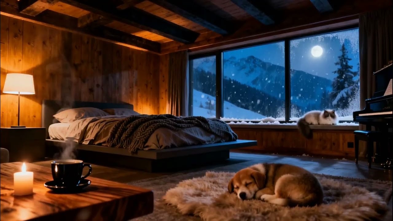 Sleeping Peacefully with Pets 🐾 Calm Jazz & Blizzard Mountain Night Ambience