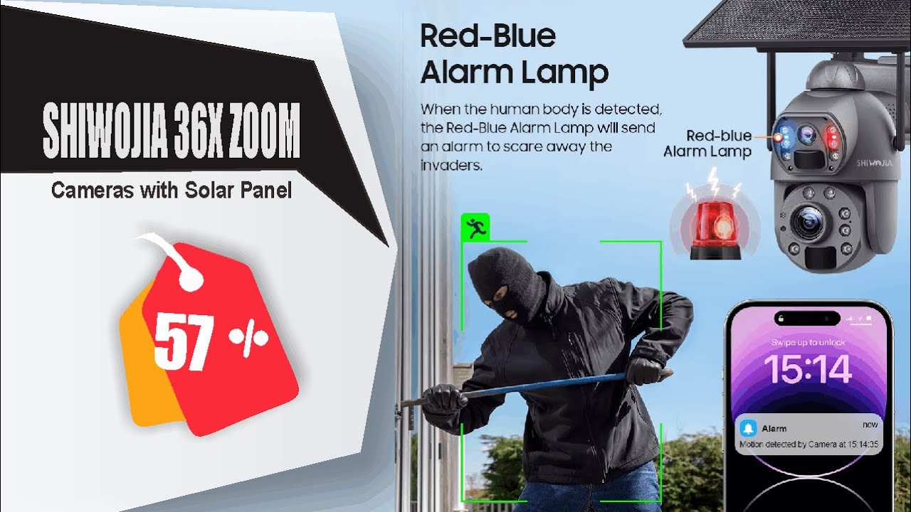 SHIWOJIA 36X ZOOM 8MP 4G SIM Solar Camera Outdoor 360° Wireless WIFI Battery Security Cameras