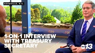 News 13s Charles Perez has a 1-on-1 interview with Treasury Secretary Scott Bessent
News 13s Charles Perez has a 1-on-1 interview with United States Treasury Secretary Bessent, as Asheville hosts world financial leaders for the G20 meetings at the Grove Park Inn.
Follow WLOS on social media:
WLOS ABC 13 News on Facebook: https://www.facebook.com/News13/
WLOS ABC 13 News on X: https://x.com/WLOS_13
WLOS ABC 13 News on Instagram: https://instagram.com/wlos_13
Subscribe to WLOS on YouTube: https://www.youtube.com/user/ABC13Channel/?sub_confirmation=1
For all of the day’s top local and national news, visit www.wlos.com
Stream our newscasts LIVE: www.wlos.com/watch
Have a news tip? Send it directly to us:
Email us: news@wlos.com
Call the Newsroom: 828.684.1340
WLOS ABC 13 News serves the Asheville, NC area and the rest of western North Carolina and Upstate South Carolina. We keep our audience informed through local news, weather forecasts, traffic updates, notices of community events, sports and entertainment programming since 1954.
This video and all Sinclair Broadcast Group content archives of local news and sports coverage are available for your use. For more information contact us at contentsales@sbgtv.com News 13s Charles Perez has a 1-on-1 interview with Treasury Secretary Scott Bessent