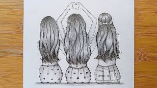 Best Friends Drawing Ll Pencil Sketch Ll How To Draw Three Best Friends Hugging Each Other