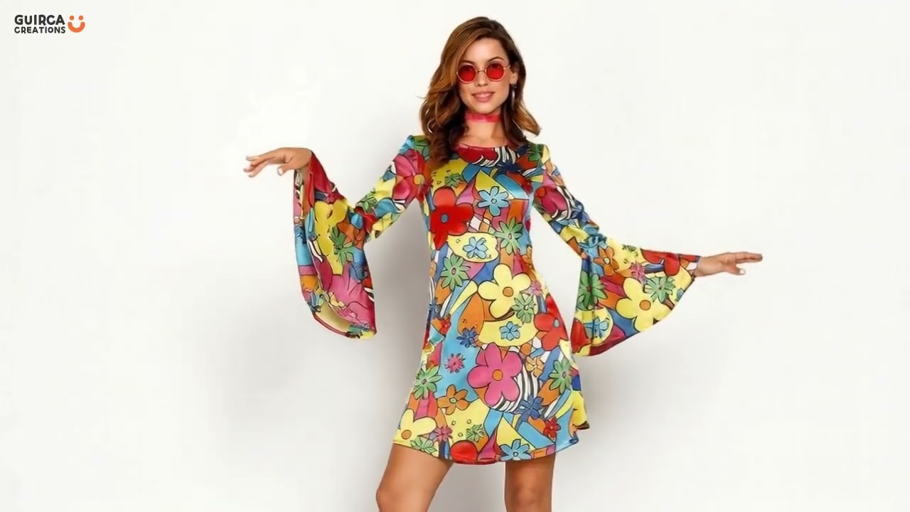 Smiffys - Disfraz Hippie De Flores, Multicolor Con Vestido, Pañuelo Y Medallón, Vestido De Fantasía Groovy De Los Años 60, Disfraces Para Adultos