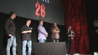 Landis TV Stand w/ 25″ Curved Infrared Qtz. Fireplace, Old World Brown Greg Nicotero Q&A at Halloween Horror Nights 26 Universal Orlando