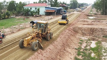 Amazing Machines Road Construction Process, Road Grader Grading Gravel Foundation New Road