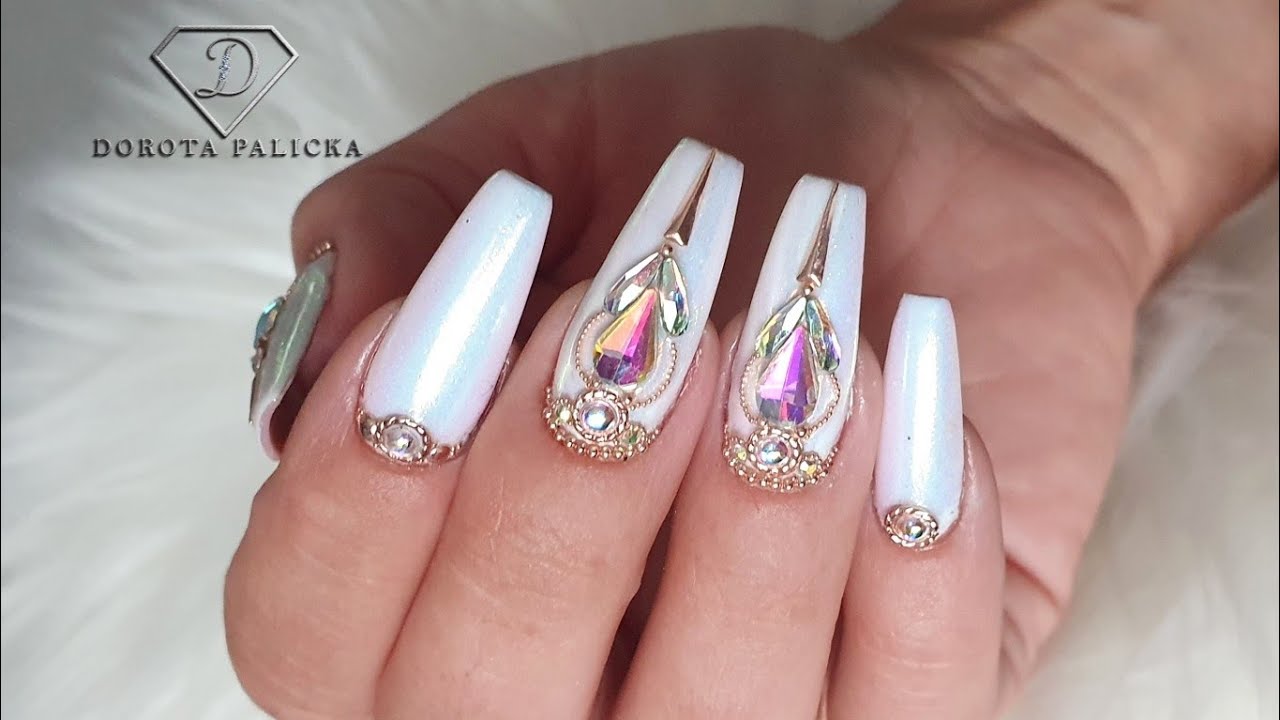Watch me doing my nails with not dominant hand. Bling white nails crystals  Placement - YouTube
