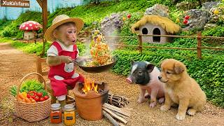 Cute monkey Xuka harvests fresh vegetables and cooks vegetable fried rice for friends