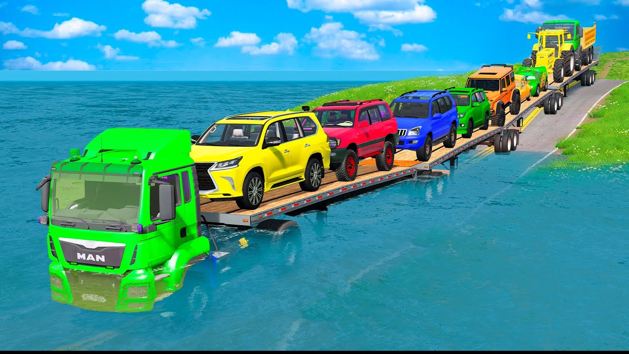 Triple Flatbed Trailer McQueen Transportation with Truck - Speedbumps vs Cars vs Train - BeamNG #33