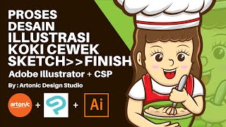 ARTONIC - PROSES DESAIN ILLUSTRASI LOGO KOKI CEWEK LUCU - AI + CSP (SPEEDART LOGO DESIGN PROCESS) screenshot 2