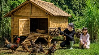The young woman built a bamboo coop for her flock of chickens all by herself.