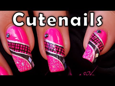 Pink fuchsia nail art with black Konad stamps by cute nails - YouTube