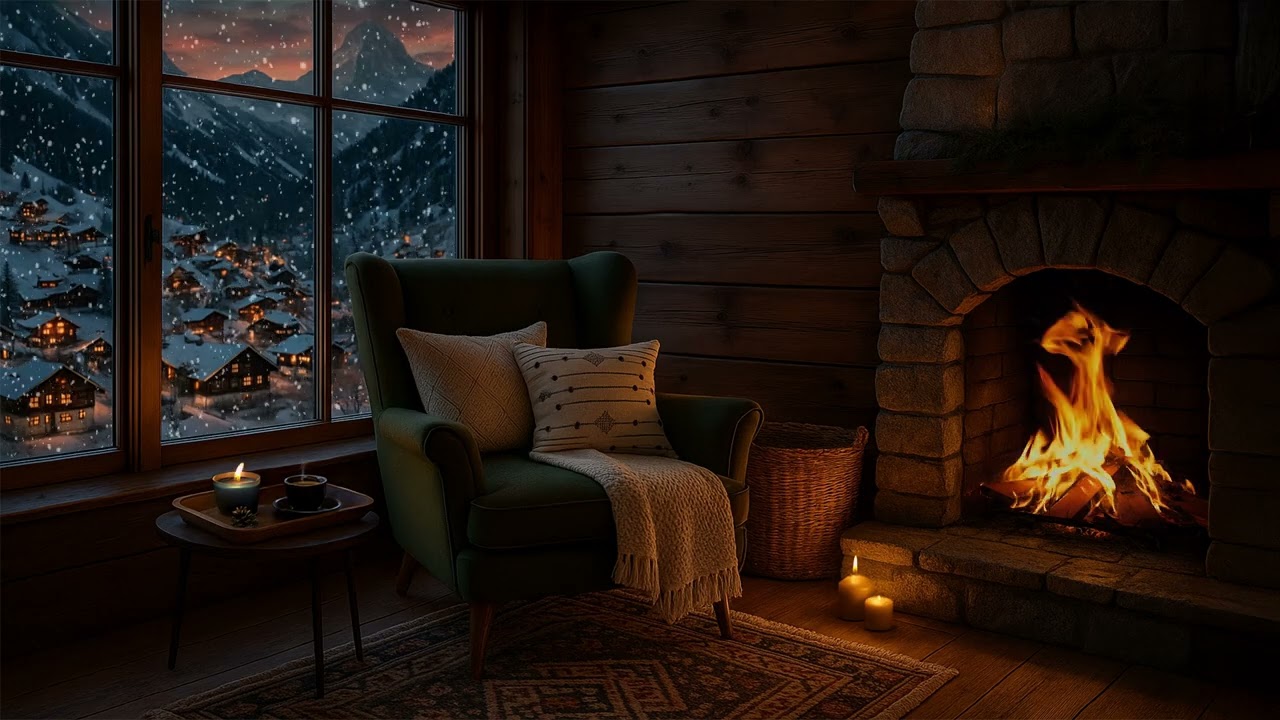Cozy Winter Cabin ❄️ Snowy Fireplace Ambience | Mountain Views & Crackling Fire, No Music