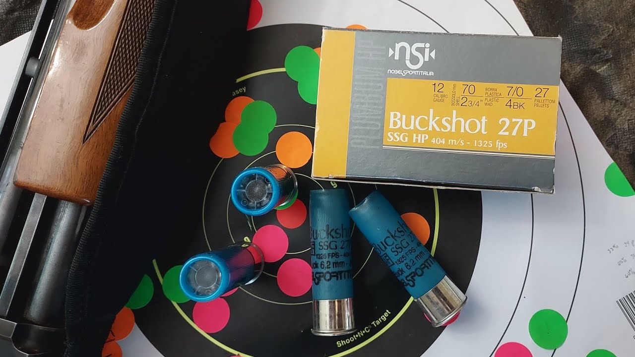 Noble Sports No. 4 Buckshot Load in 2.75" 12ga. with 3-shot group and shell breakdown.