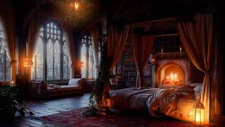Enjoy a Heavy Thunderstorm in a Cozy Castle Room with Rain and Crackling Fireplace
