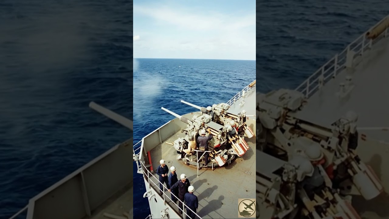 Colorized archival footage of the US Navy 3-inch 50 caliber Mark 22 twin autoloading anti-aircraft gun firing at sea