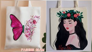 Latest Hand Painted &amp; Printed White Cotton Grocery Tote Shoulder Bags Design
