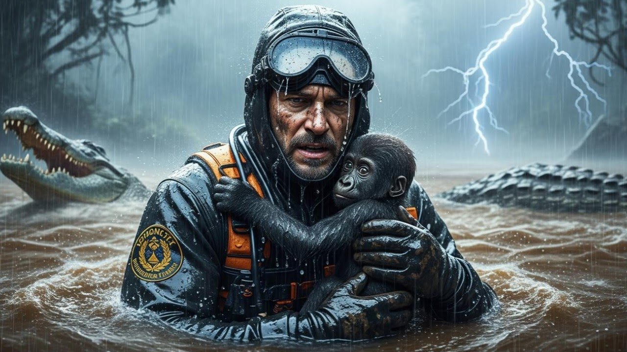 Heroic Rescue Team Saves Baby Gorilla From Crocodile-Infested River