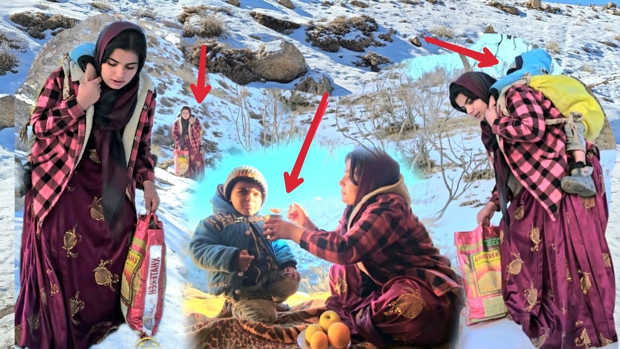 Усилия и сопротивление кочевой женщины с ребенком, чтобы выжить в бурных горах