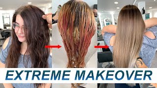 rotbraun gefarbt zu blonde balayage extreme typveranderung mit roten pinien flecken