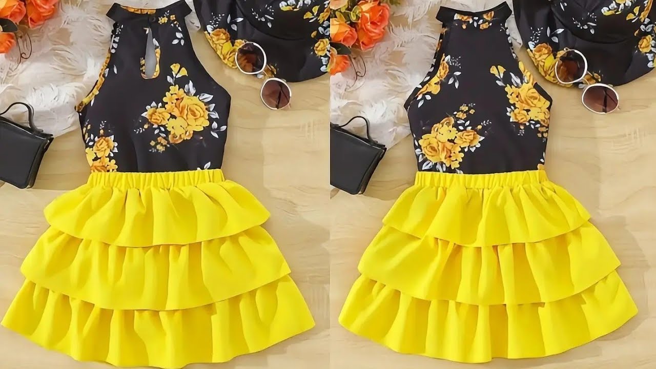 Girls 2 piece set tutorial / how to cut and sew baby girl halter neck top and layered ruffle skirt. 