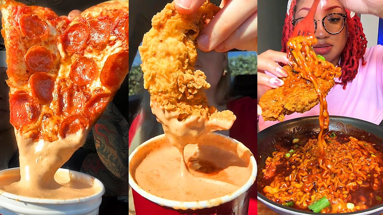 Asmr TikTok EATING |323| Raising Cane's, Pizza, wingstop, Del Taco 🌮, Spicy Buldak Ramen and more!