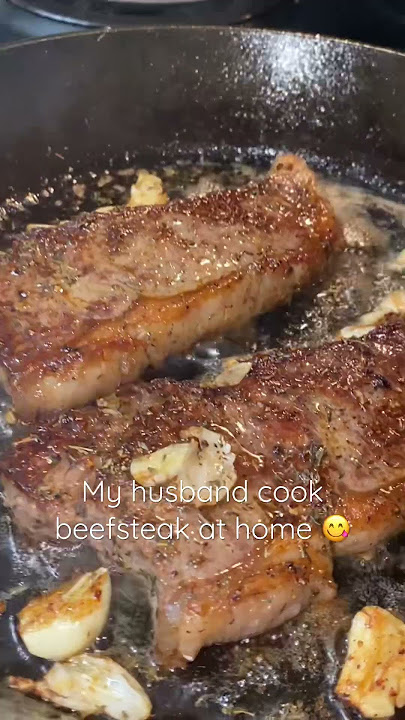 Bear cooking beefsteak using cast iron #filipinamarriedtoforeigner #castironcooking #filamcouple