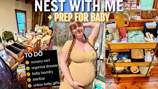 NEST WITH ME | unboxing baby gear, baby laundry, dresser organization \& bedside nursery cart