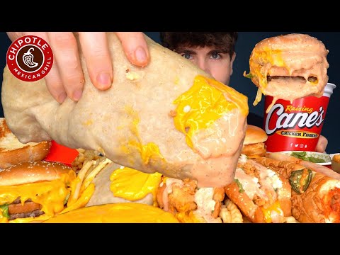 ASMR MUKBANG EXTRA CANES SAUCE GIANT CHIPOTLE BURRITOS BIG MAC BURGERS CHICKEN FRIES WITH CHEESE