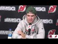 Group B players talk to media following their first on-ice session at training camp