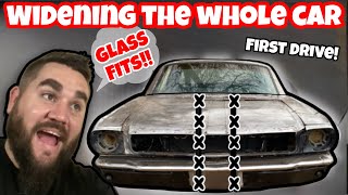 I CUT MY CAR IN HALF TO WIDEN IT & THE GLASS FITS! FIRST DRIVE! $1000 BUDGET BUILD MUSTANG!