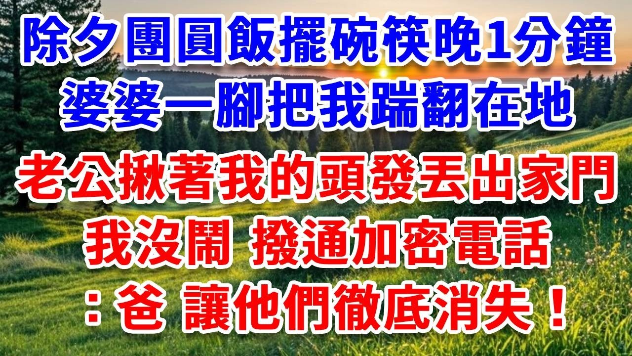 除夕團圓飯擺碗筷晚1分鐘，婆婆一腳把我踹翻在地，老公揪著我的頭發丟出家門，我沒鬧 撥通加密電話：爸，讓他們徹底消失！#詩涵講故事#為人處世#生活經驗#情感故事#晚年哲理#說故事#完結文#原創故事