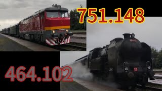 Bardotky 751.148 + 749.250 a Parní lokomotiva Ušatá 464.102 ve stanici Praha-Satalice. (18.5.2024)