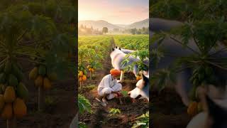 “An Indian farmer nurturing papaya trees under the golden morning sun