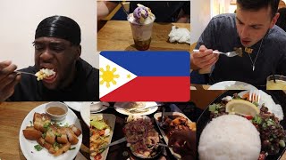 TRYING FILIPINO FOOD FOR THE FIRST TIME!! Halo Halo , Lechon, Sisig, Kare Kare, Jollibees