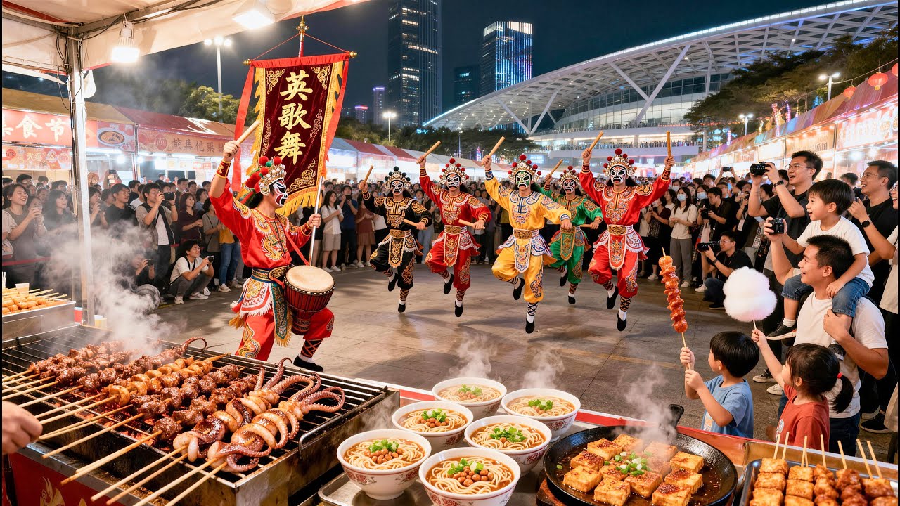 中国深圳市中心大型美食狂欢節，熱血英歌舞炸翻全場，现场人山人海熱鬧非凡！美食集市匯聚全國特色美食小吃，烟火气十足！