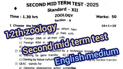 12th zoology second mid term test question paper 2025 || english medium 