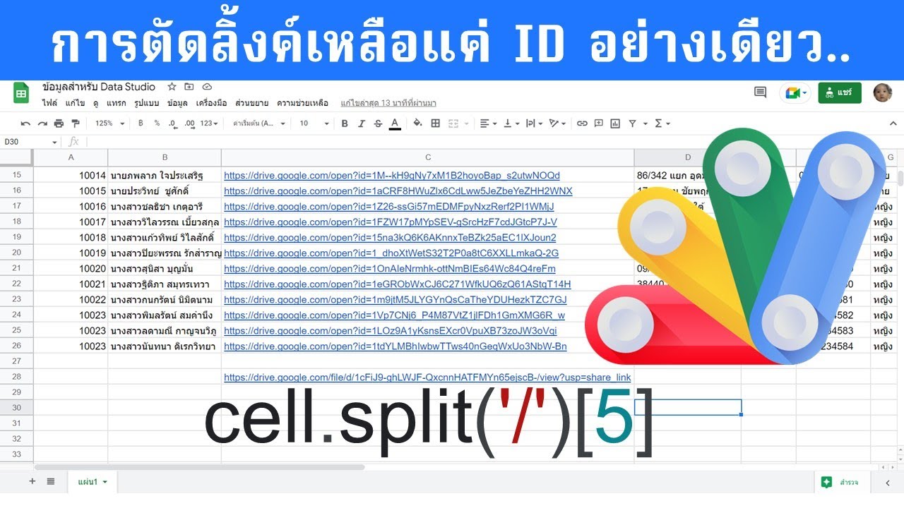 จะตัดเอาเฉพาะ ID ของลิ้งค์ ที่อยู่ใน Google Sheet ต้องใช้คำสั่งอย่างไร?
